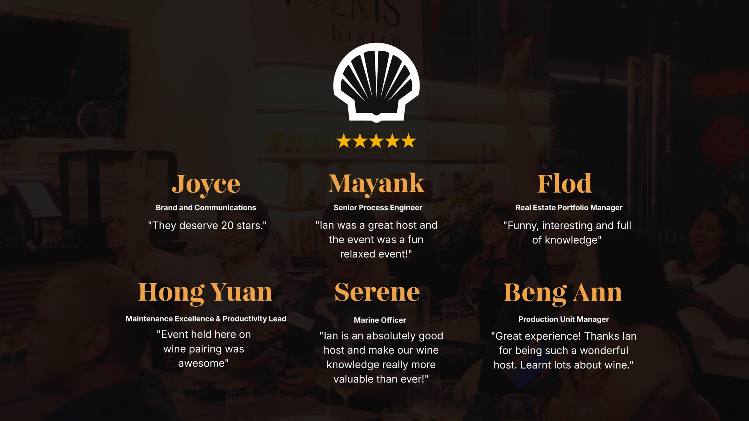 Customer testimonials from corporate Wine Tasting event with five-star reviews