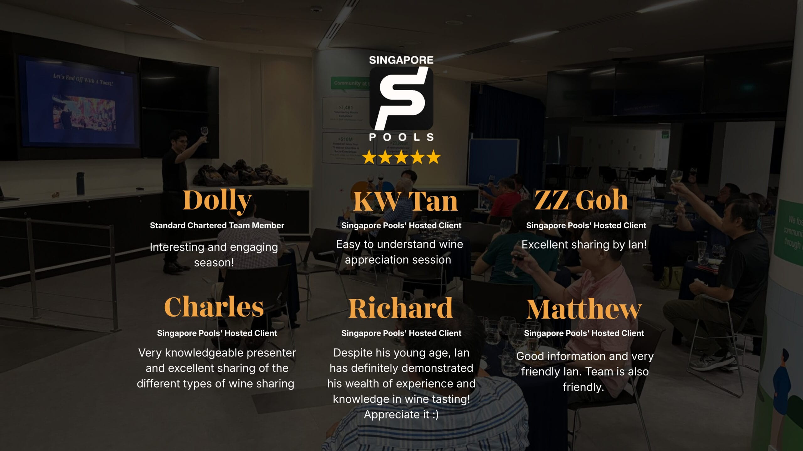Five-star corporate Wine Tasting testimonials from Singapore Pools team