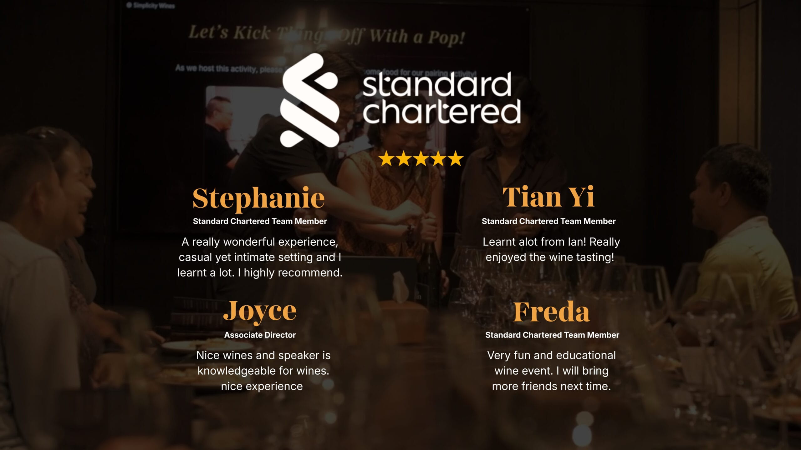 Five-star corporate Wine Tasting testimonials from Standard Chartered team in Singapore
