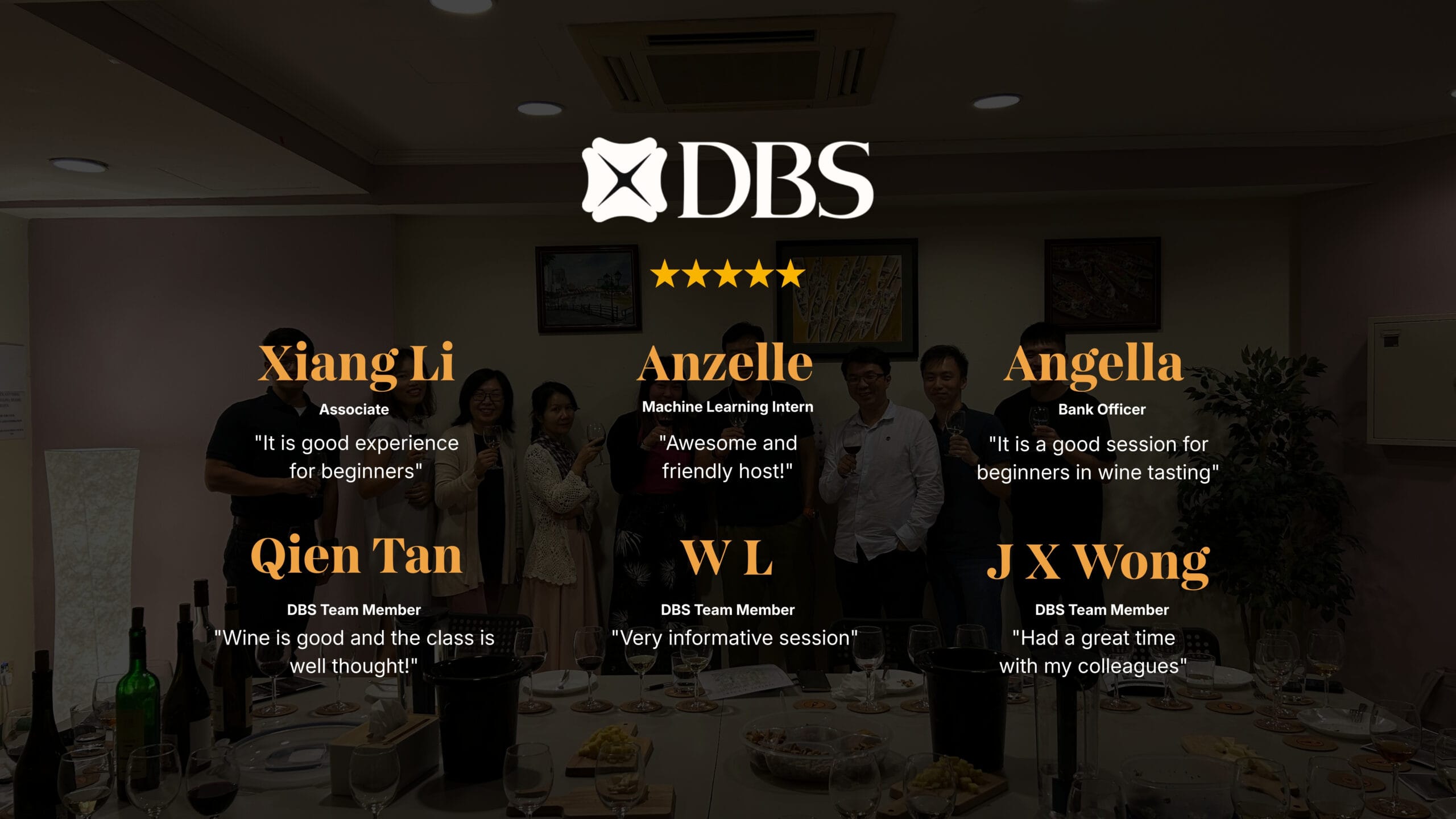 Five-star corporate Wine Tasting testimonials from DBS team in Singapore