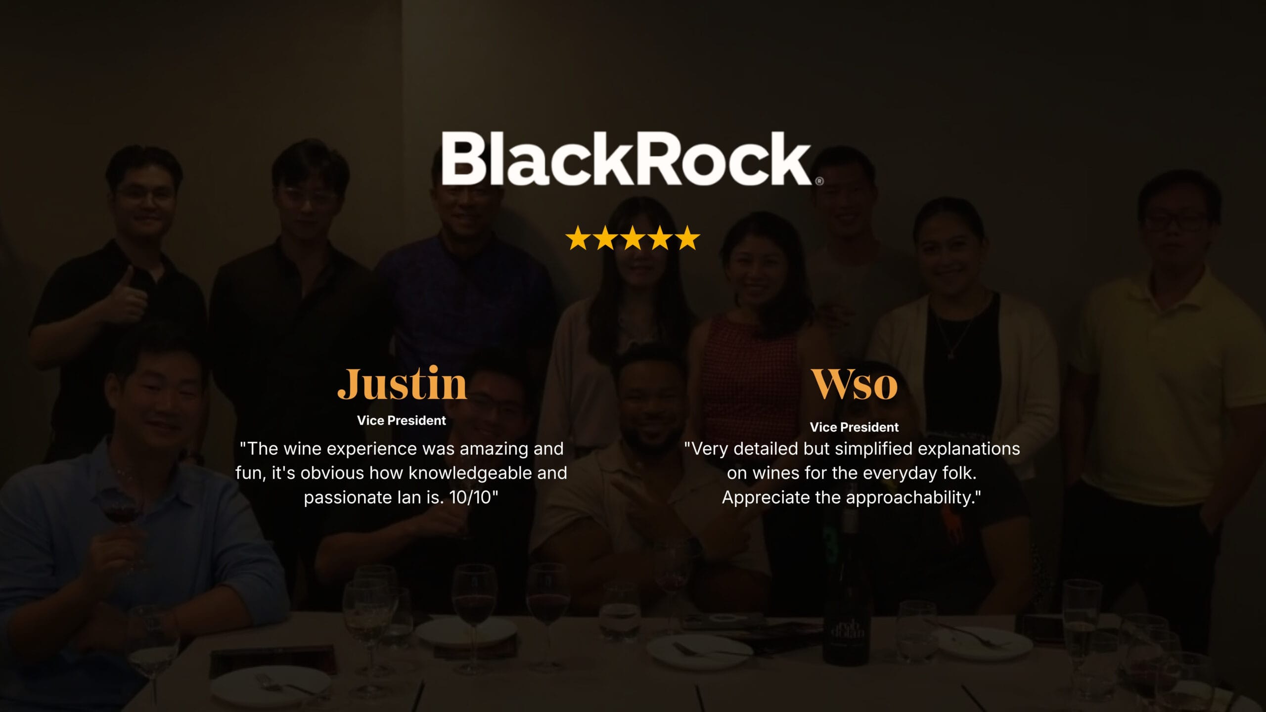 Five-star corporate Wine Tasting testimonials from BlackRock team in Singapore