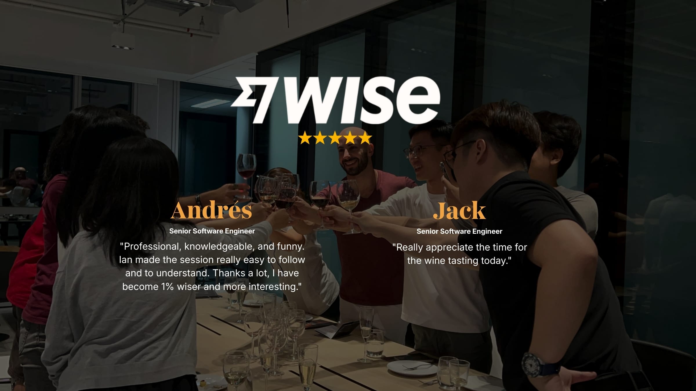 Five-star corporate Wine Tasting testimonials from Wise team in Singapore