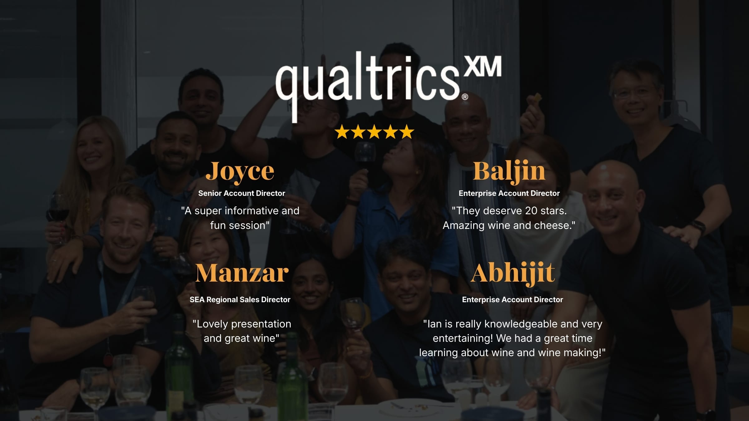 5-star reviews by members of Qualtrics after a Wine Tasting session with us in Singapore