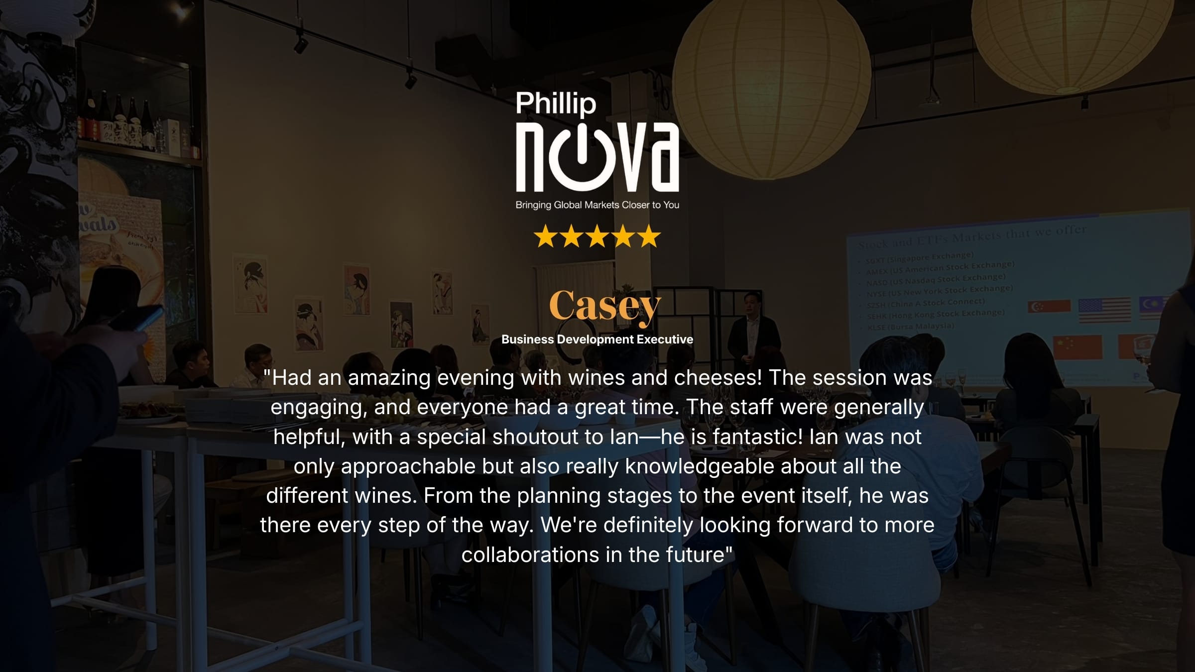 5-star review by business development executive at Phillip Nova after a corporate Wine Tasting session with us in Singapore