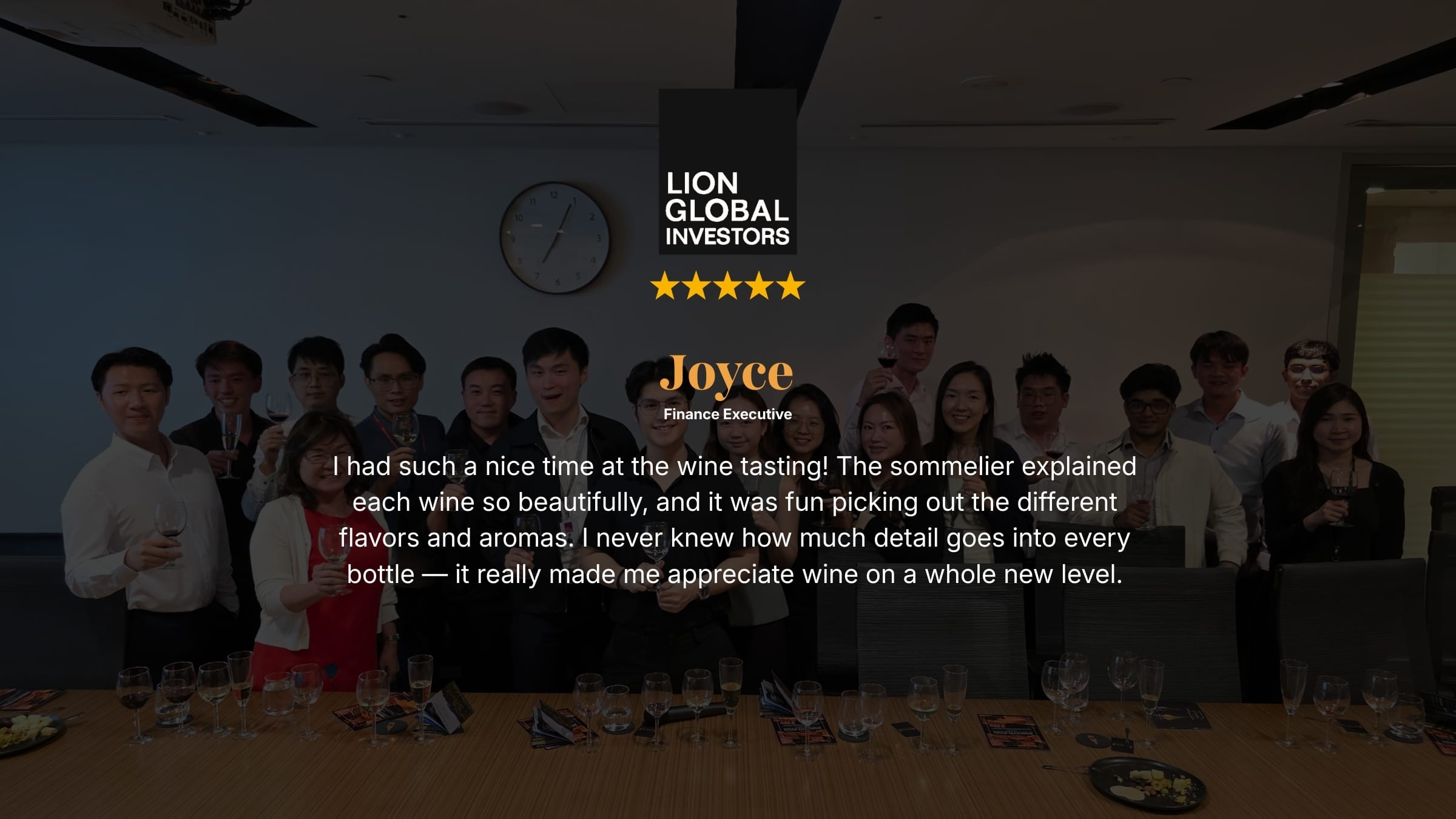 5-star review by finance executive of Lion Global Investors after a Wine Tasting session with us in Singapore