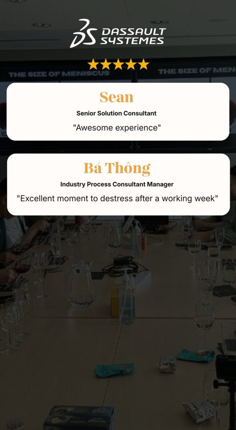 Five-star corporate Wine Tasting testimonials from Dassault Systemes praising the experience