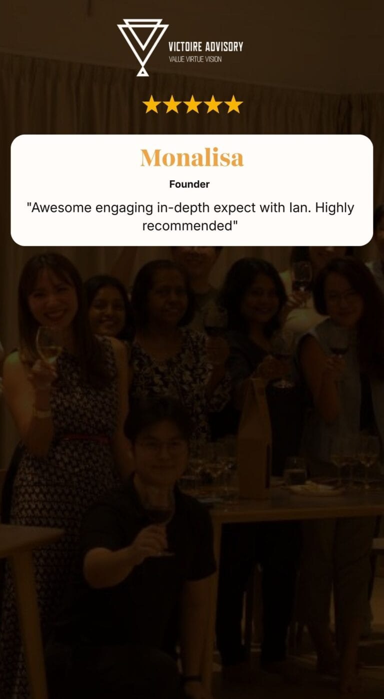 Five-star corporate Wine Tasting testimonials from Victoire Advisory Founder praising beginner-friendly wine class, friendly host, and quality wines