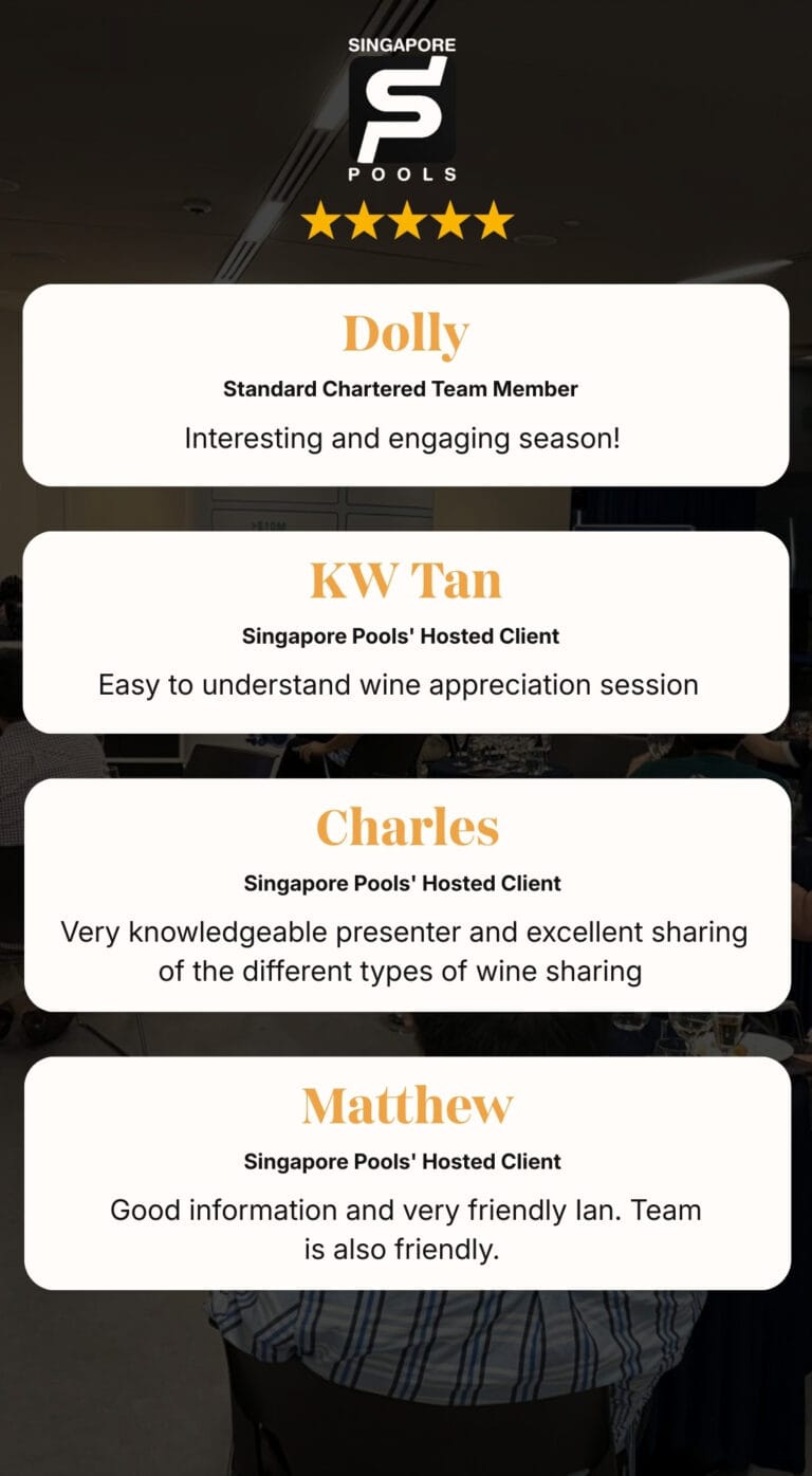 Five-star corporate Wine Tasting testimonials from Singapore Pools team members praising beginner-friendly wine class, friendly host, and quality wines