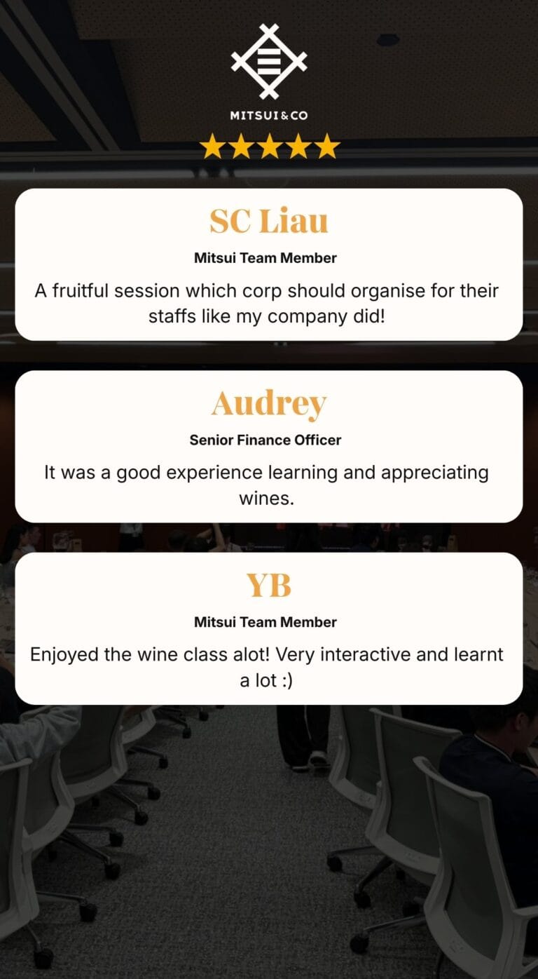 Five-star corporate Wine Tasting testimonials from Mitsui team members praising beginner-friendly wine class, friendly host, and quality wines