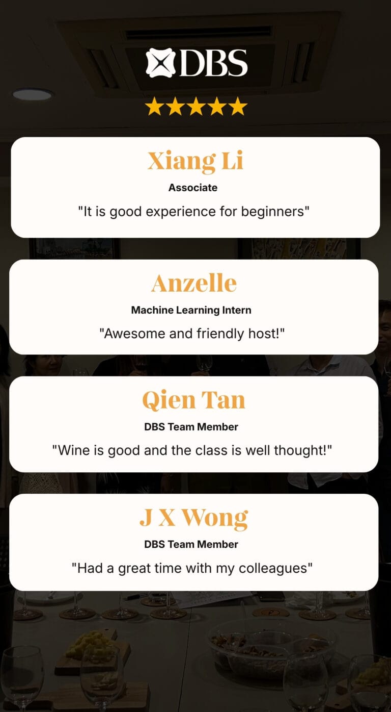 Five-star corporate Wine Tasting testimonials from DBS team members praising beginner-friendly wine class, friendly host, and quality wines in Singapore