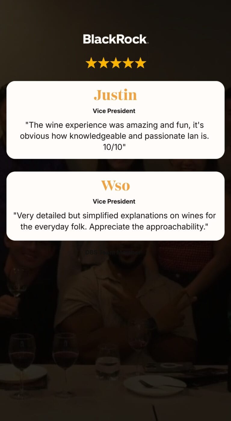 Five-star corporate Wine Tasting testimonial from senior executives praising engaging, knowledgeable, and fun wine experience
