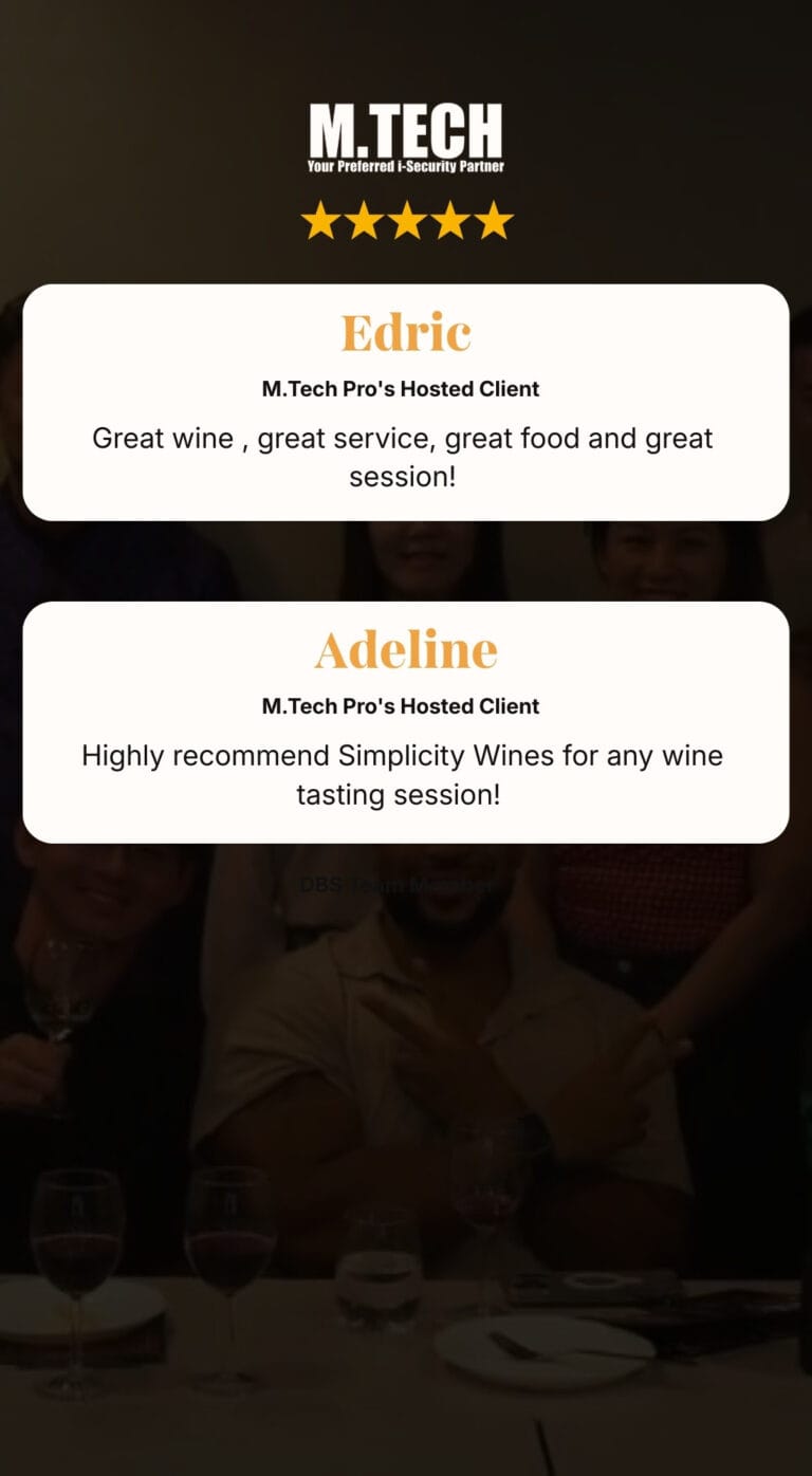 Corporate Wine Tasting testimonial with five-star review praising wine quality, service, food, and guided tasting session