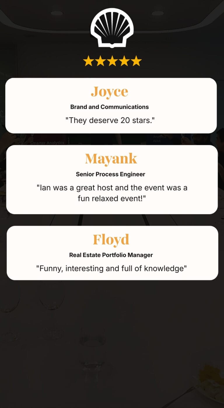 Five-star corporate Wine Tasting testimonials from Shell team members praising the experience