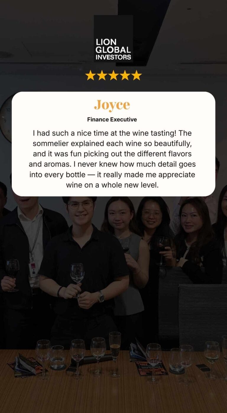 Five-star corporate Wine Tasting testimonials from Mitsui team members praising beginner-friendly wine class, friendly host, and quality wines