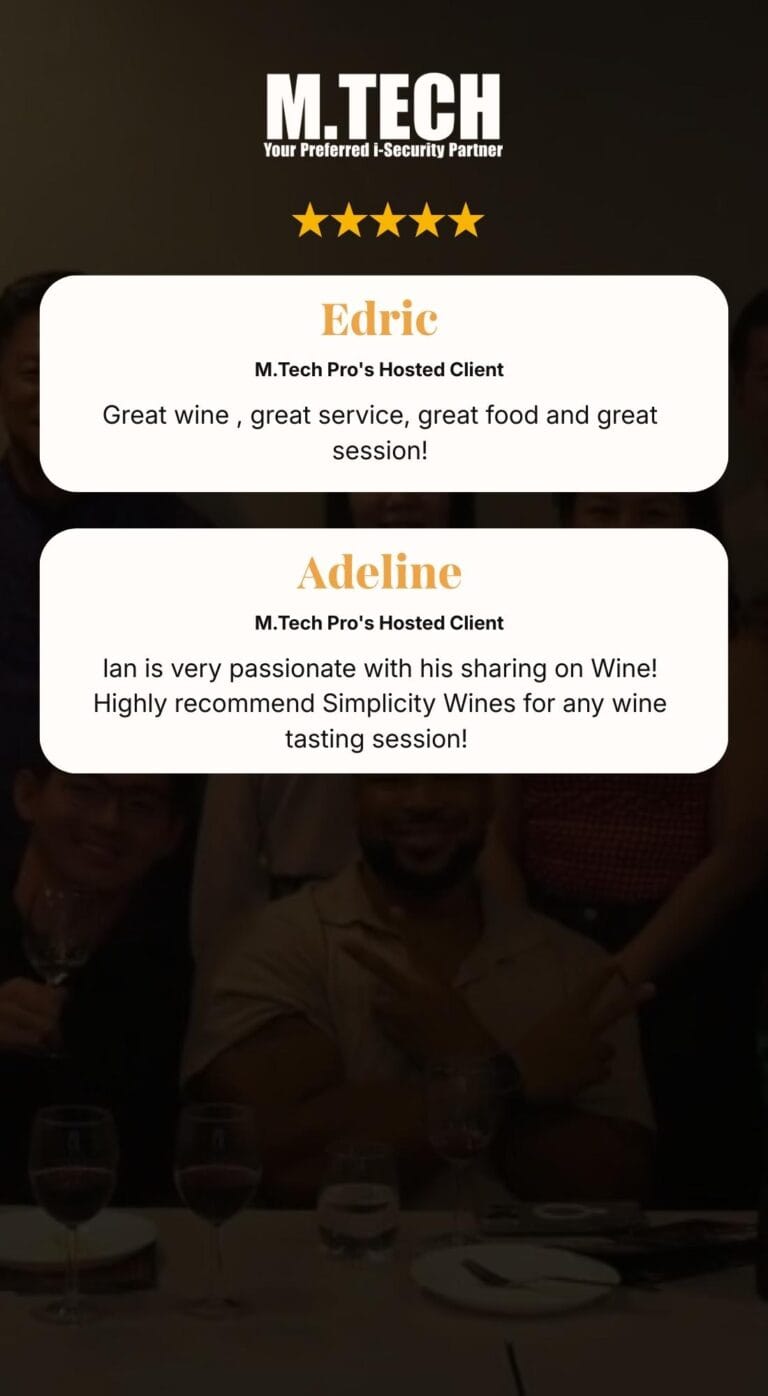 Corporate Wine Tasting testimonial with five-star review praising wine quality, service, food, and guided tasting session