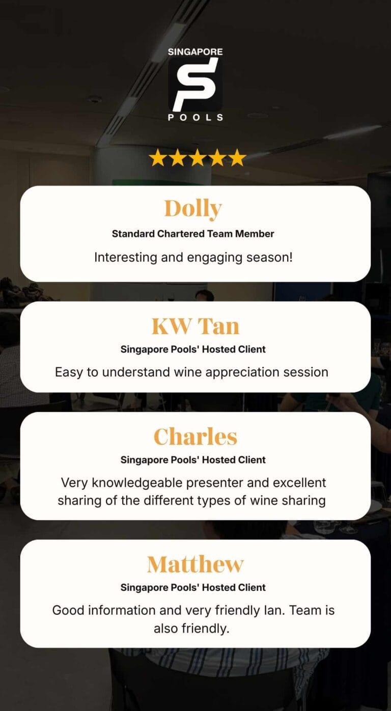 Five-star corporate Wine Tasting testimonials from Singapore Pools team members praising beginner-friendly wine class, friendly host, and quality wines