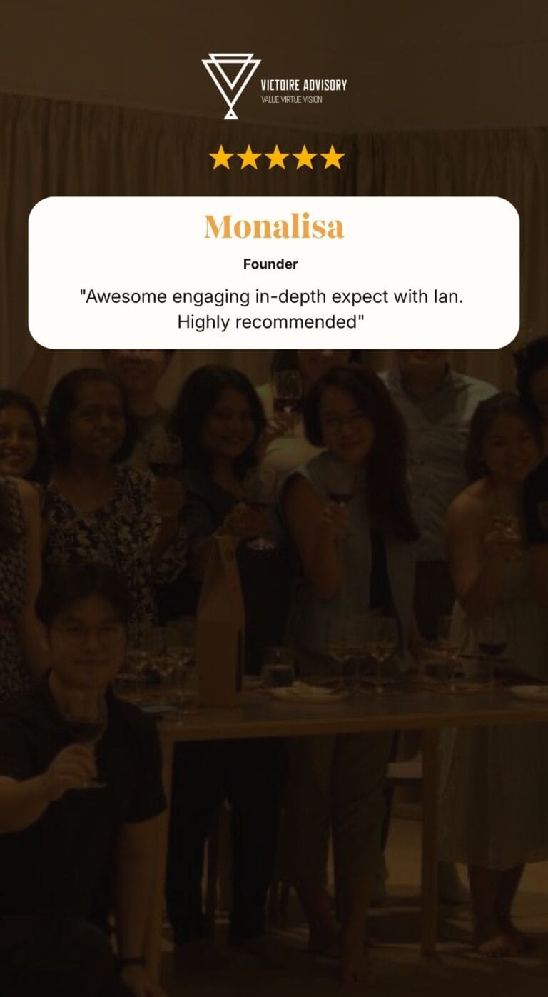 Five-star corporate Wine Tasting testimonials from Victoire Advisory Founder praising beginner-friendly wine class, friendly host, and quality wines